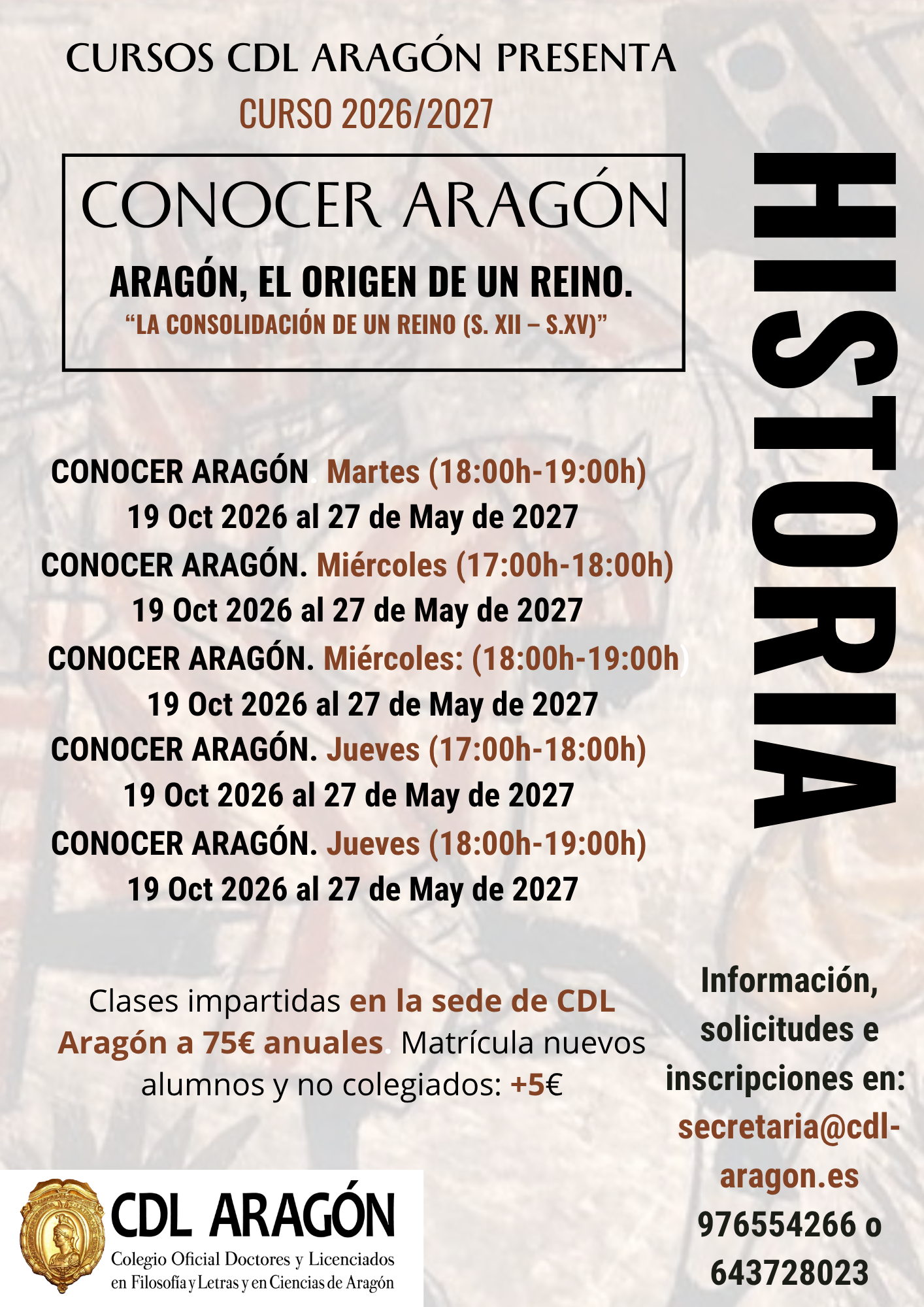 En el marco del curso Conocer Aragón veremos “La consolidación de un Reino (S. XII – S.XV)”. En este recorrido, exploraremos uno de los periodos más decisivos en la formación del territorio, la cultura y las instituciones aragonesas. Nos sumergiremos en el contexto político, social y cultural aragonés, y descubriremos cómo la Corona de Aragón se convierte en una potencia internacional.